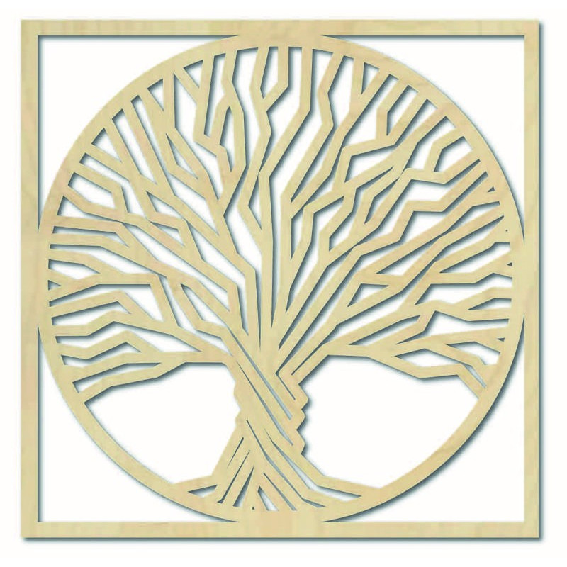 Wooden wall painting tree in a frame