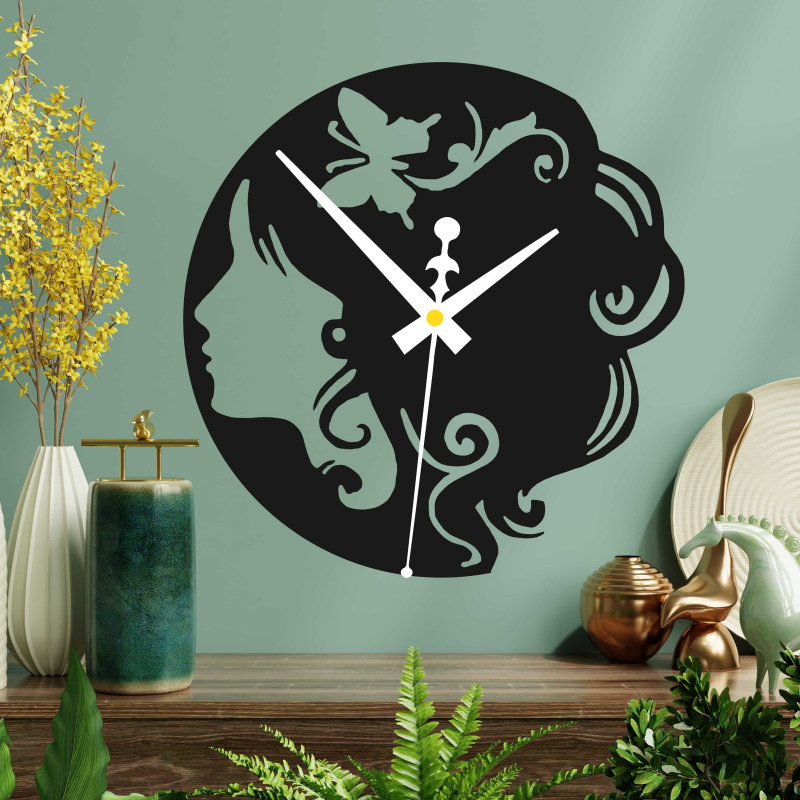 Wooden clock - lady with butterfly in her hair black and coloured | SENTOP PR0399