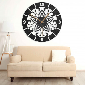 Wooden wall clock with mandala motif and silent quartz movement