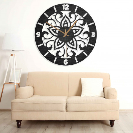Wooden wall clock with mandala motif and silent quartz movement