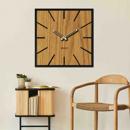 Square wooden wall clock with oak decor and black frame