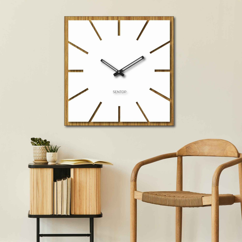 Square wooden wall clock with oak decor and black frame