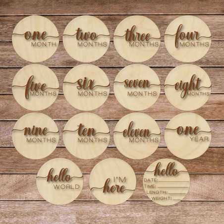 Wooden milestone cards - first year in the world in English, German, Polish, Hungarian, Romanian