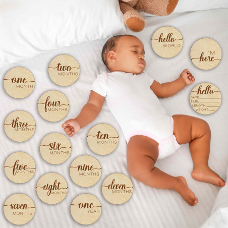 Wooden milestone cards - first year in the world in English, German, Polish, Hungarian, Romanian