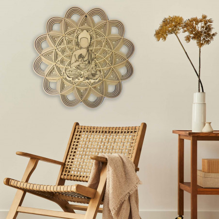 Multi-layered wooden image of Buddha in a mandala with a detailed 3D effect.