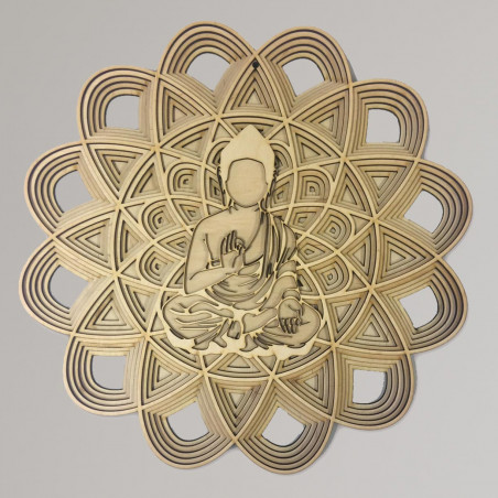 3D carved wooden mandala with a Buddha figure in a meditation position.