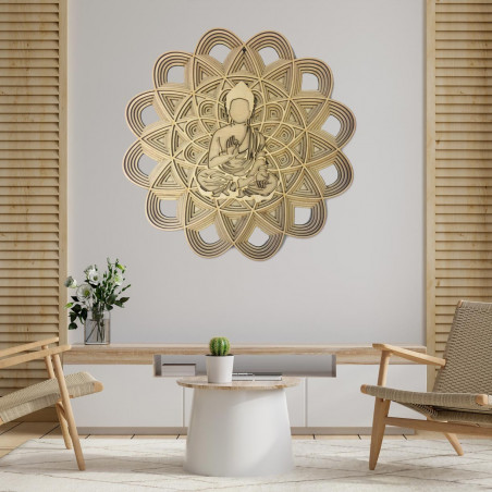 Multi-layered wooden image of Buddha in a mandala with a detailed 3D effect.
