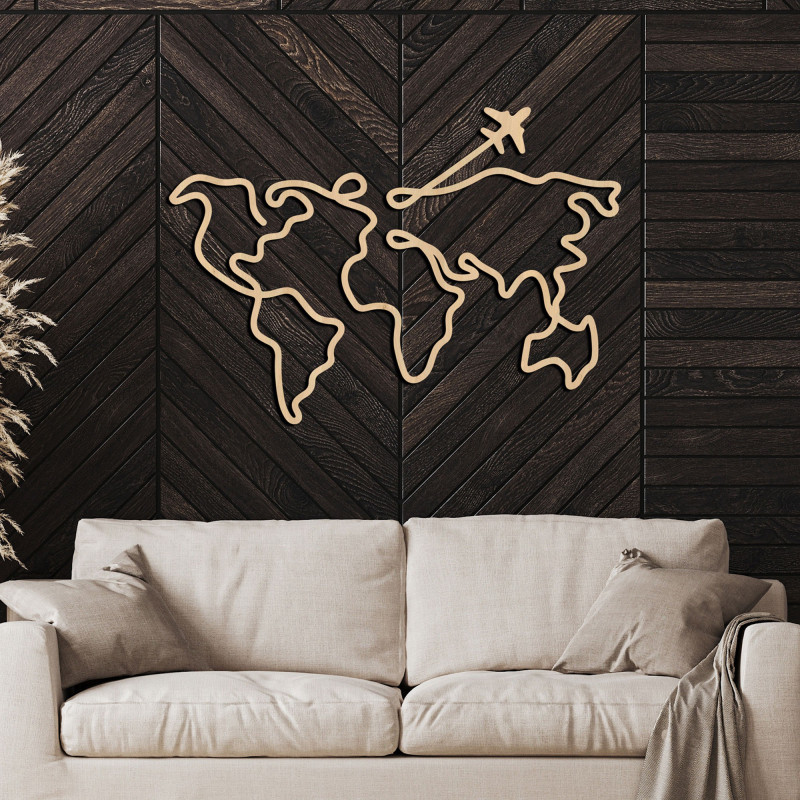 Design wooden map of the world on the wall - minimalist lines