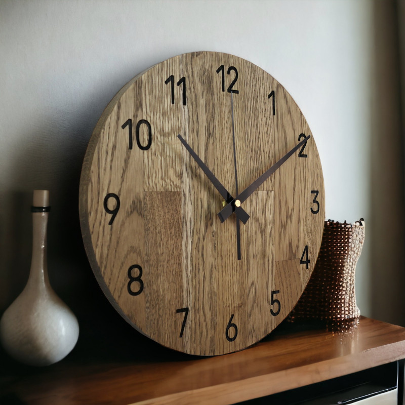 Oak wall clock, modern minimalist design, quiet operation