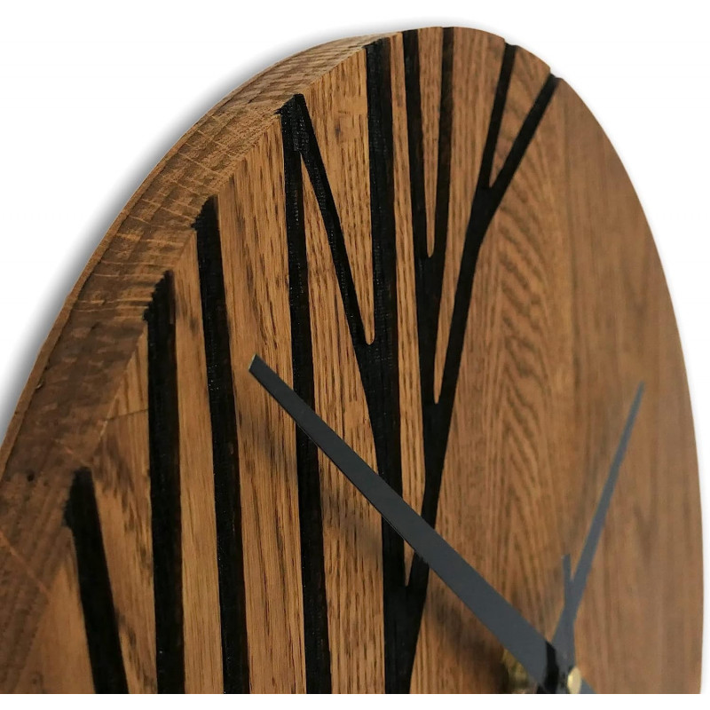 Wall clock with a modern design, carved motif and natural wood.