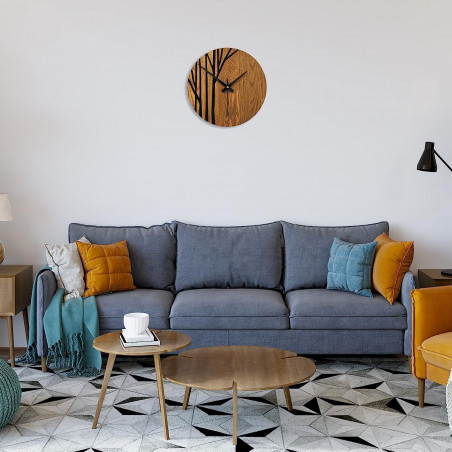 Wooden wall clock with black hands and a modern pattern.