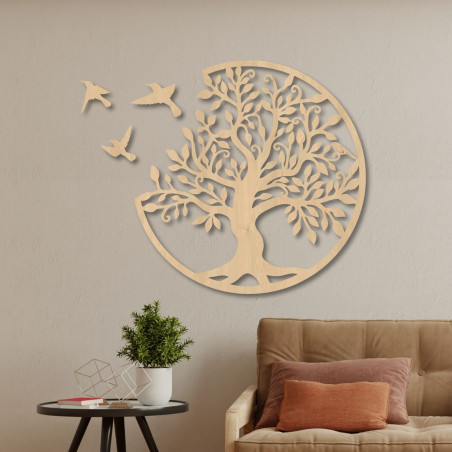 Modern wooden wall painting tree with birds