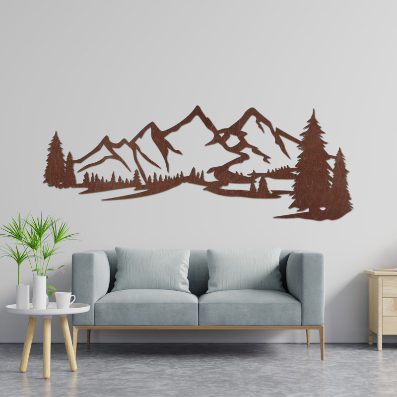 Black panoramic painting of mountains and forest above gray armchair in living room