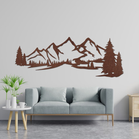 Black panoramic painting of mountains and forest above gray armchair in living room