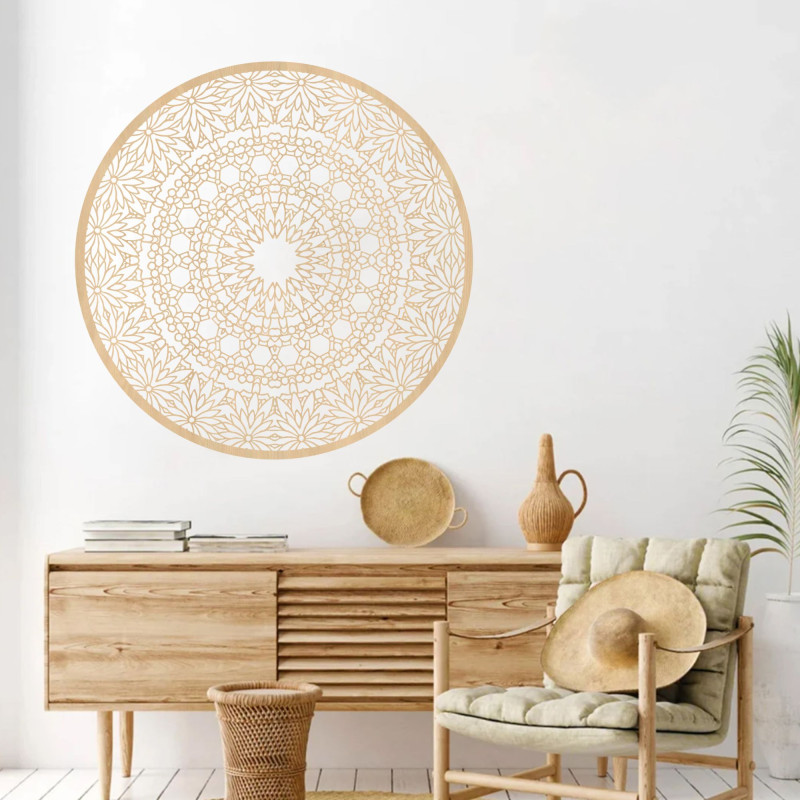 Luxurious wooden mandala painting on the wall for a modern interior