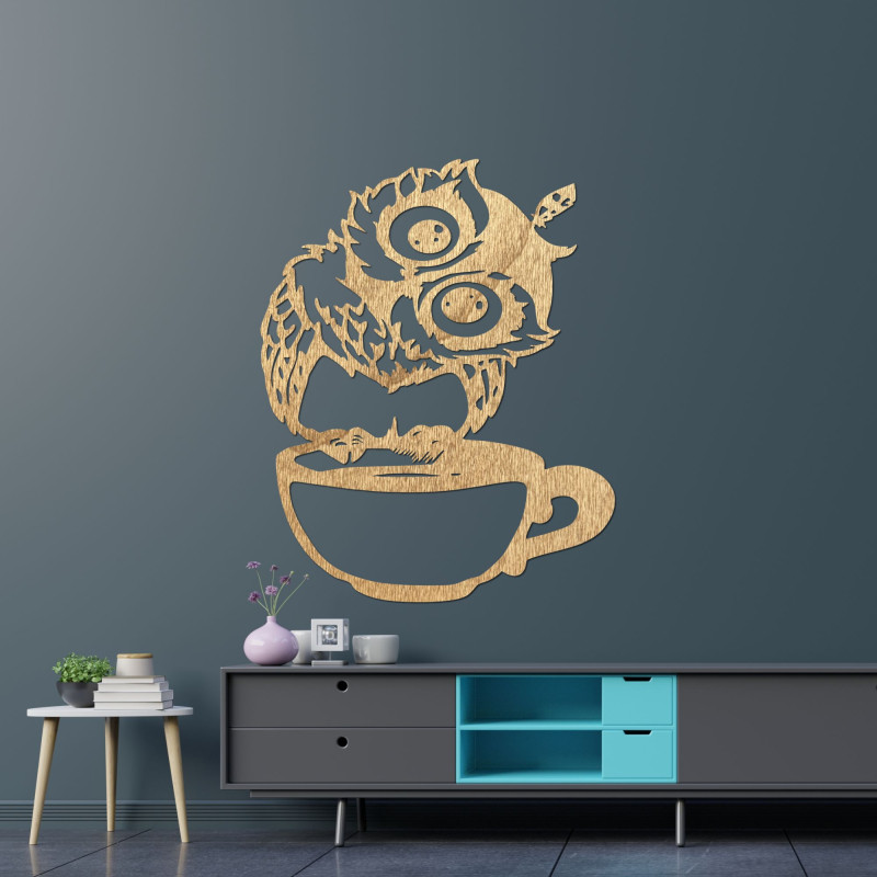 Original wooden owl on a coffee cup for coffee lovers