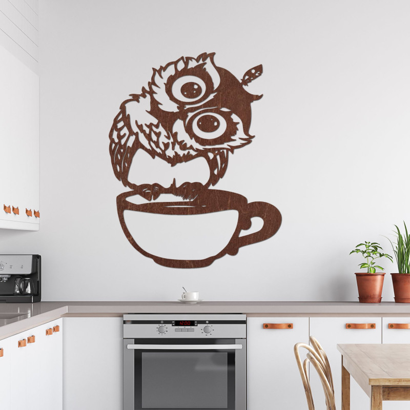 Original wooden owl on a coffee cup for coffee lovers