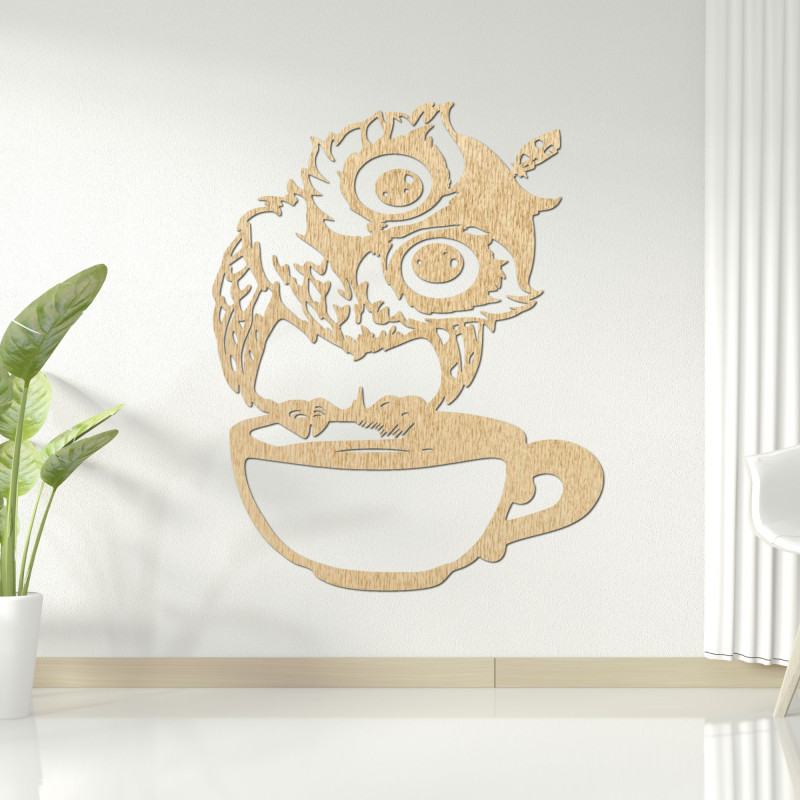 Original wooden owl on a coffee cup for coffee lovers
