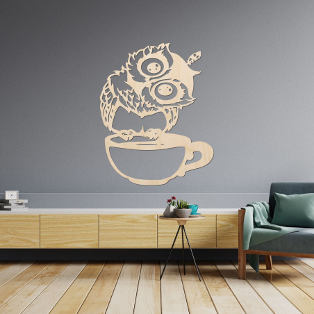 Original wooden owl on a coffee cup for coffee lovers