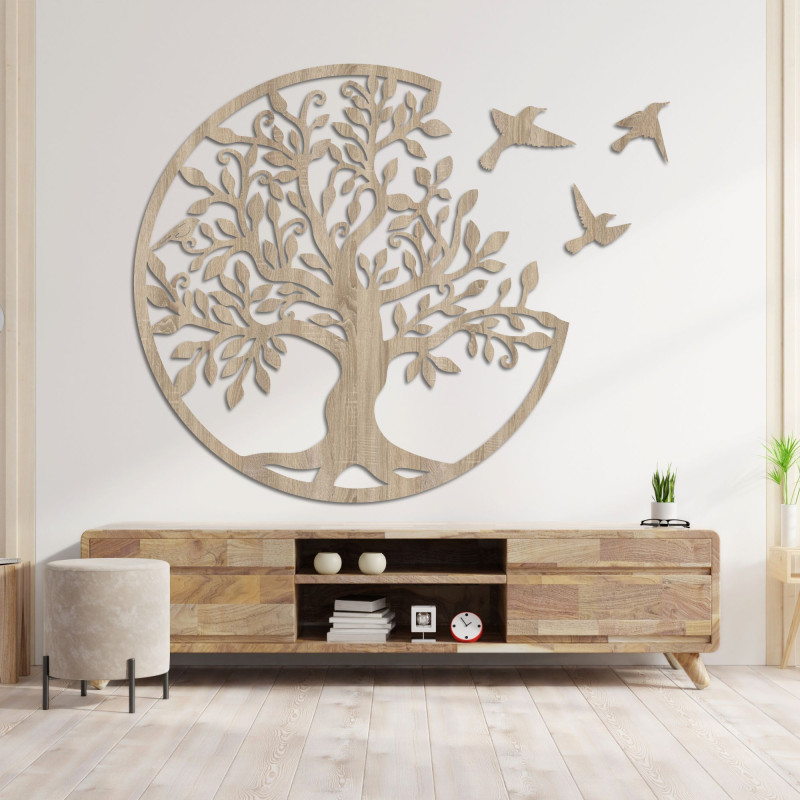 Tree of Life with flying birds, wooden deocracy - Life