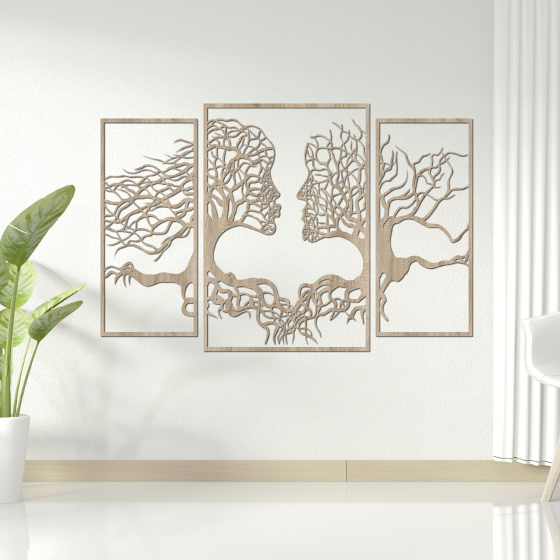 The three-part painting depicts the connection between man and nature, where trees and human faces blend harmoniously.