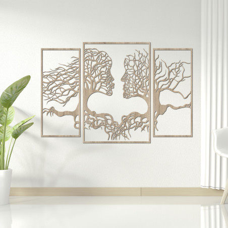 The three-part painting depicts the connection between man and nature, where trees and human faces blend harmoniously.