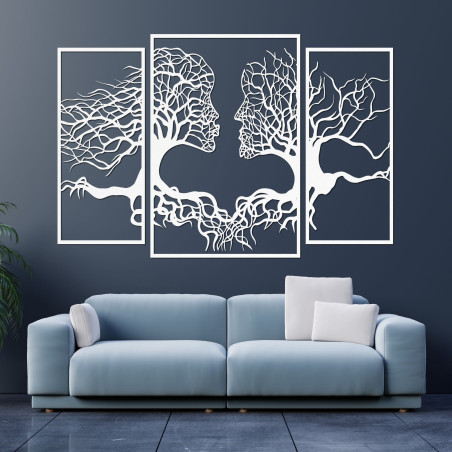 The three-part painting depicts the connection between man and nature, where trees and human faces blend harmoniously.