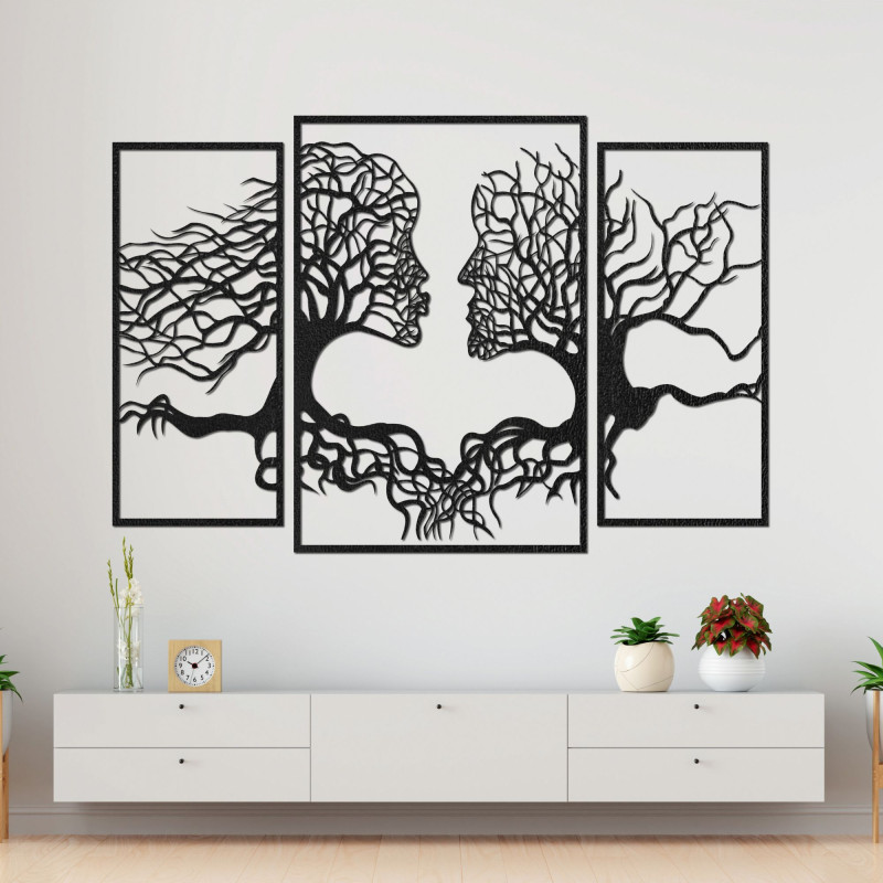 The three-part painting depicts the connection between man and nature, where trees and human faces blend harmoniously.