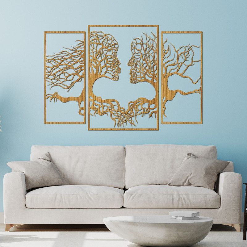 The three-part painting depicts the connection between man and nature, where trees and human faces blend harmoniously.