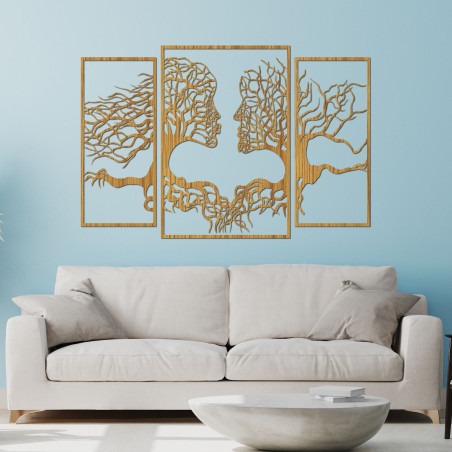 The three-part painting depicts the connection between man and nature, where trees and human faces blend harmoniously.