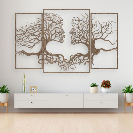 The three-part painting depicts the connection between man and nature, where trees and human faces blend harmoniously.