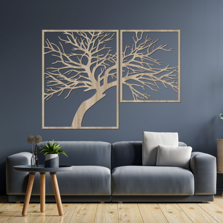 Large Wooden Picture of a Tree with Carved Branches