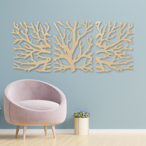 Three-part painting of a tree with silhouette of branches...