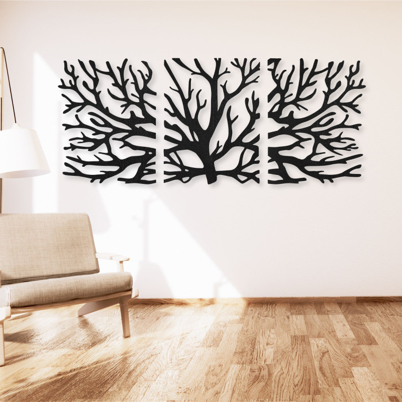 Three-piece wooden painting - Majestic tree with branches, forest triptych, natural wall decoration