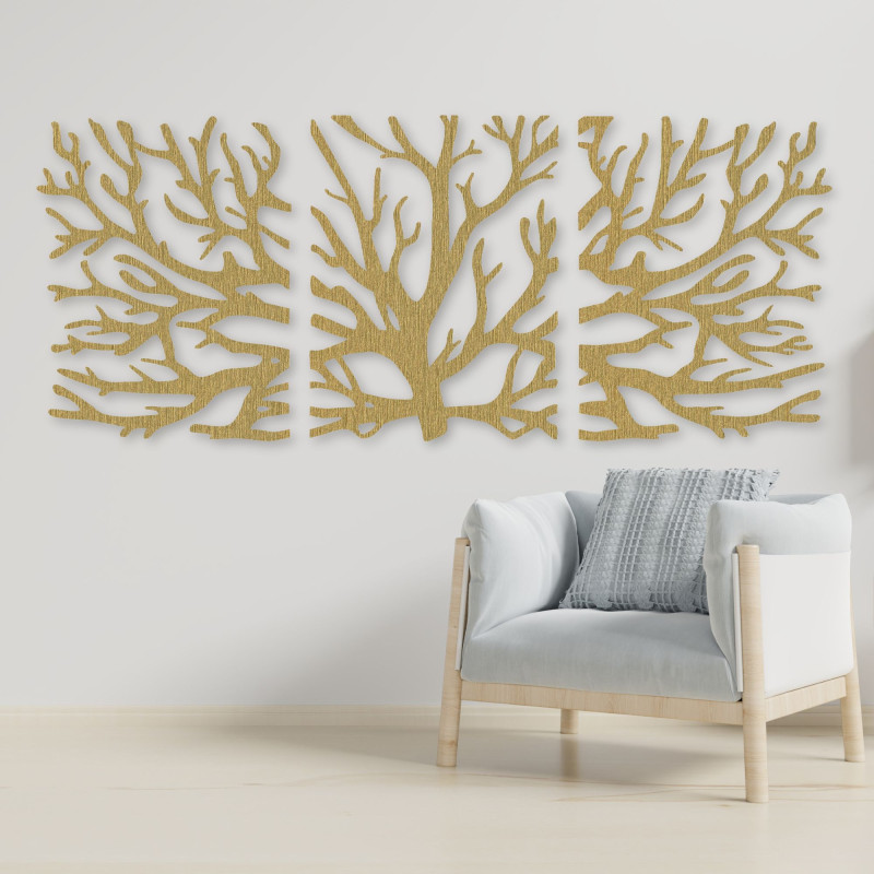 Three-part wooden painting - Majestic tree with branches, forest triptych, natural wall decoration