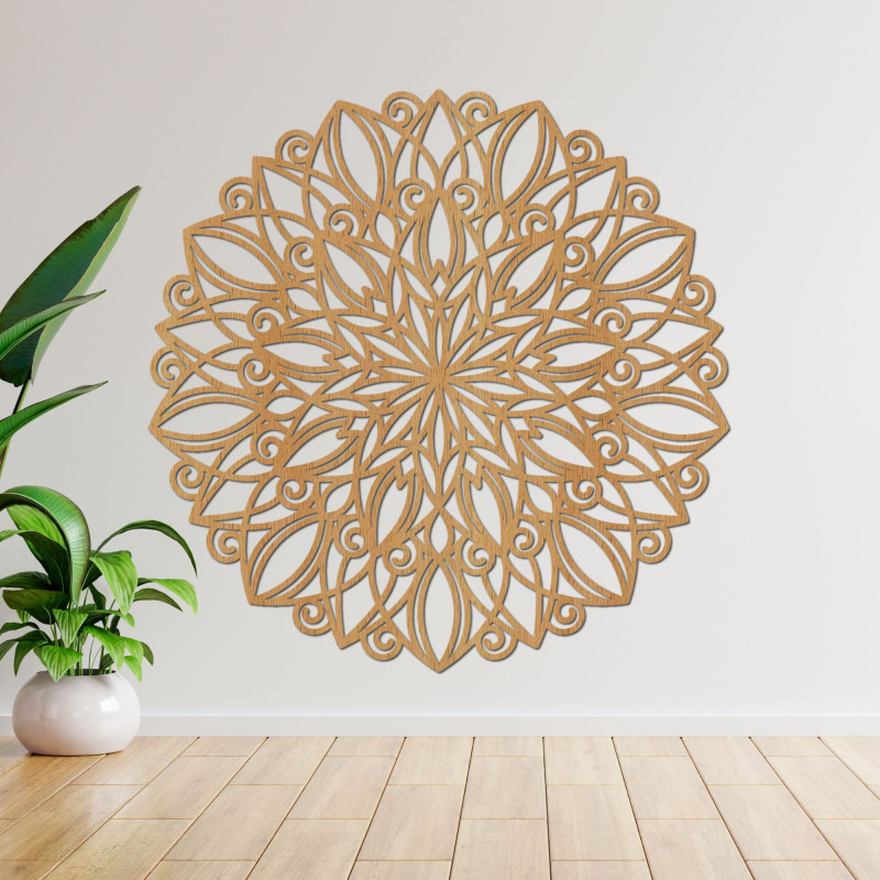 Laser-carved wooden mandala for the wall in Gold Oak decor