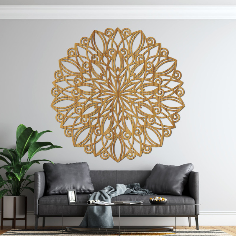 Laser-carved wooden mandala for the wall in Gold Oak decor