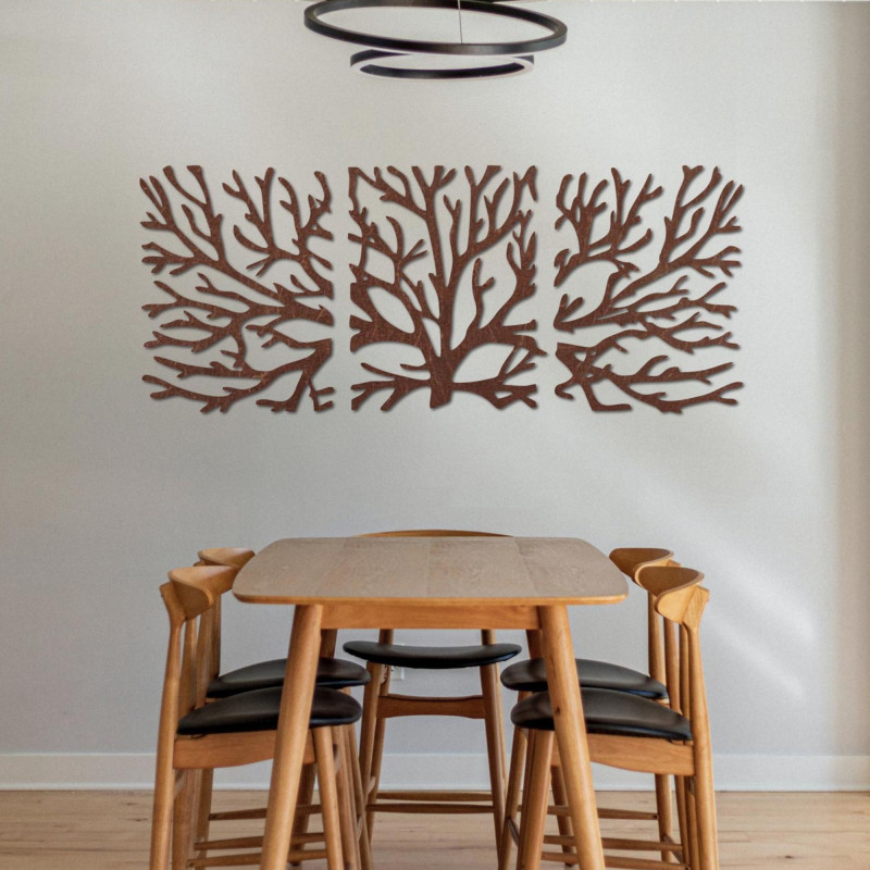 Wooden picture on the wall branches of plywood poplar. The picture consists of three parts