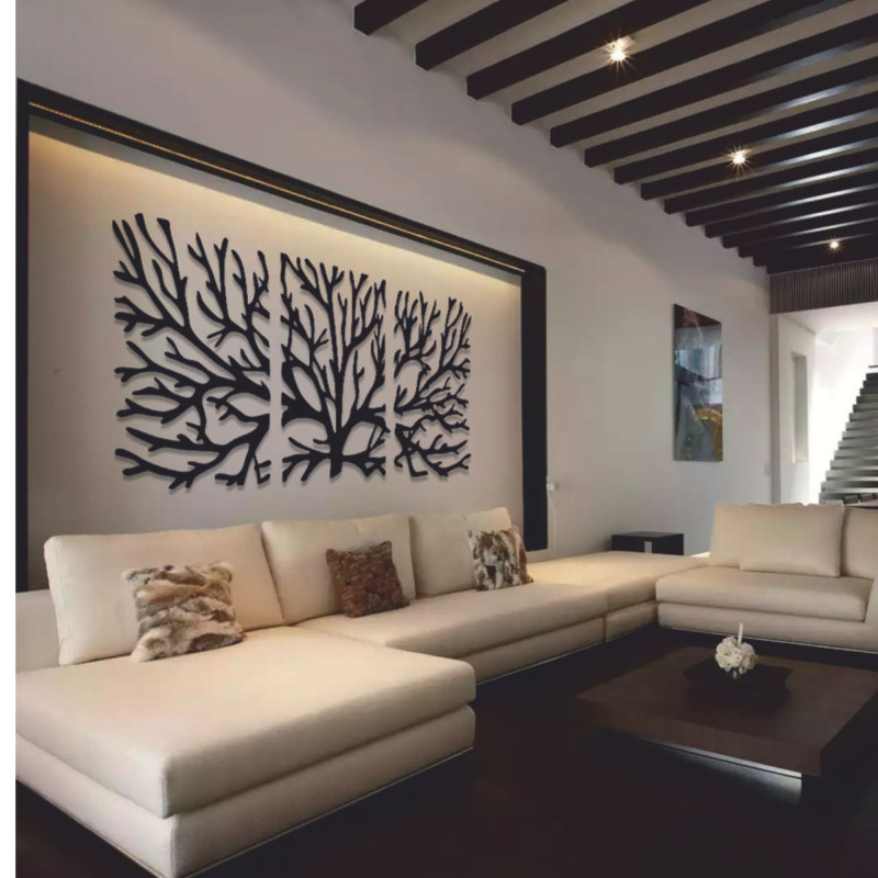 Wooden wall painting of branches made of plywood poplar. The painting consists of three parts