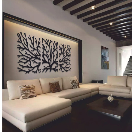 Wooden wall painting of branches made of plywood poplar. The painting consists of three parts