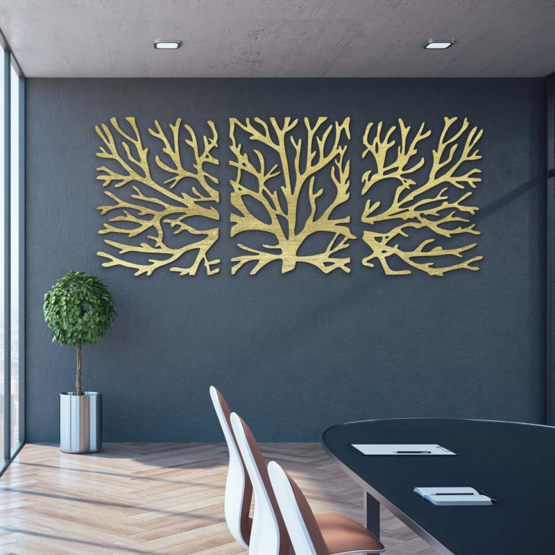 Wooden picture on the wall branches of plywood poplar. The picture consists of three parts