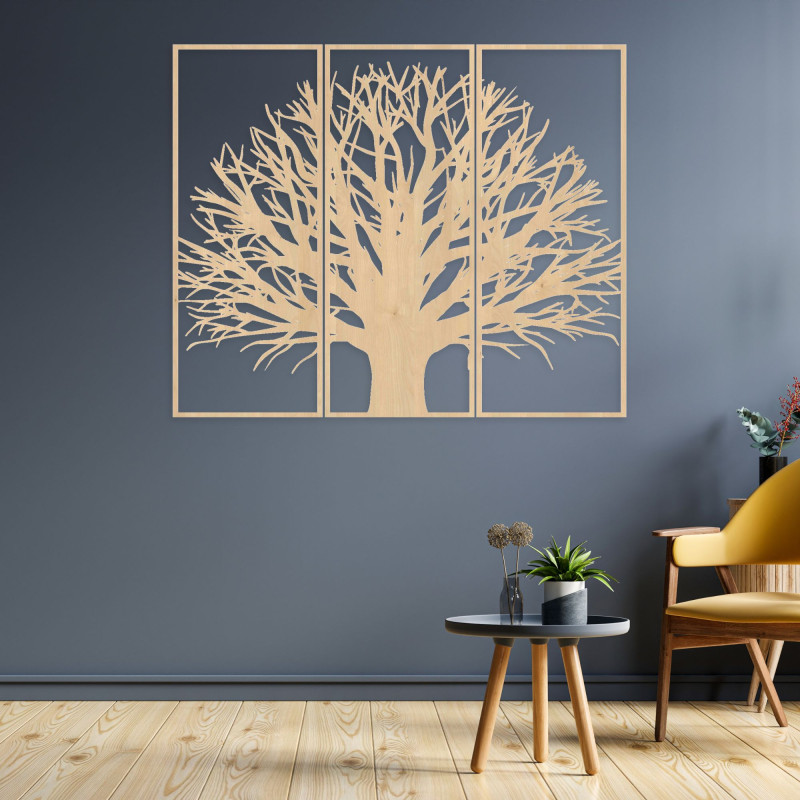 Modern three-part tree painting. Harmony in space