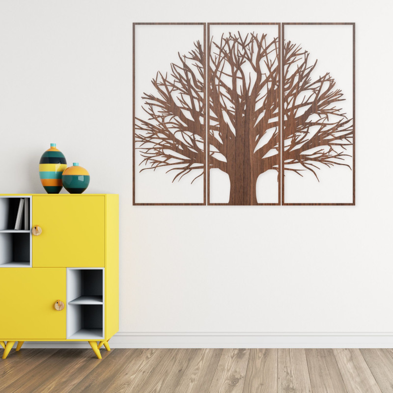 Modern three-part tree painting. Harmony in space