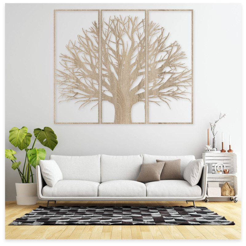 Modern three-part tree painting. Harmony in space