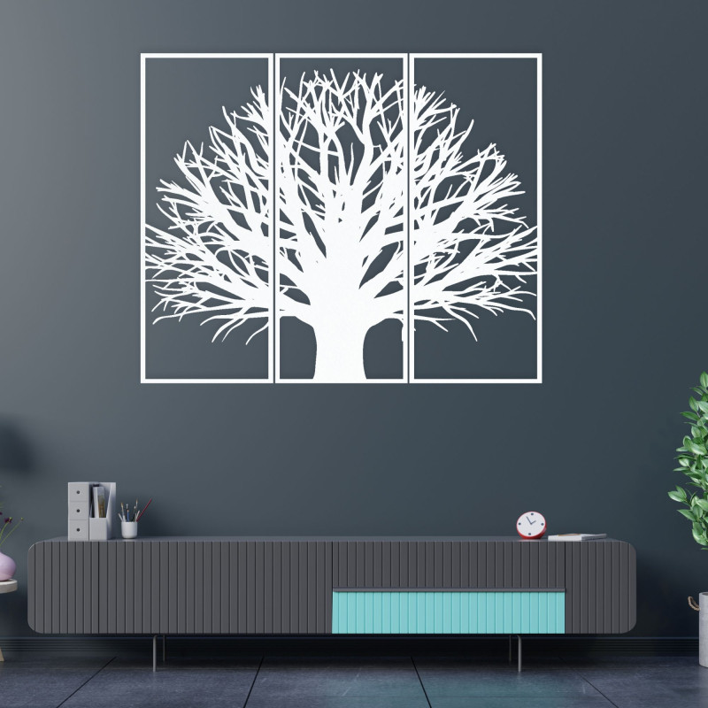 Modern three-part tree painting. Harmony in space