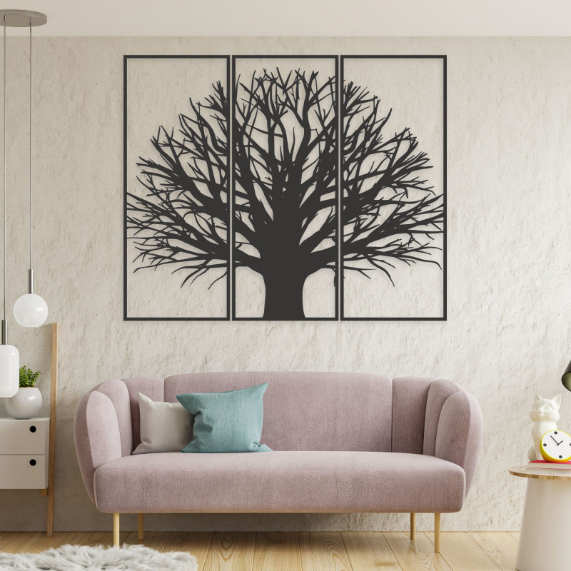 Modern three-part tree painting. Harmony in space