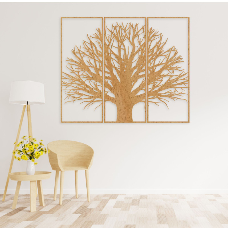 Modern three-part tree painting. Harmony in space