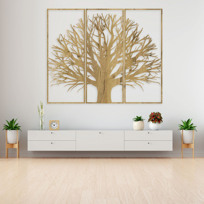 Modern three-part tree painting. Harmony in space