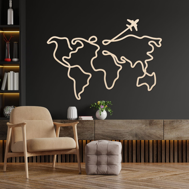 Wooden world map on the wall with an airplane and connected continents