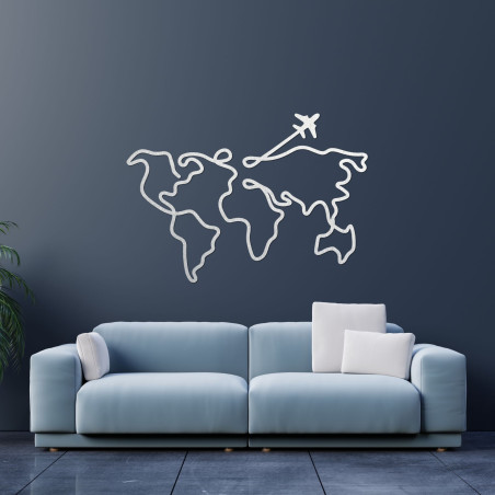 Wooden world map on the wall with an airplane and connected continents